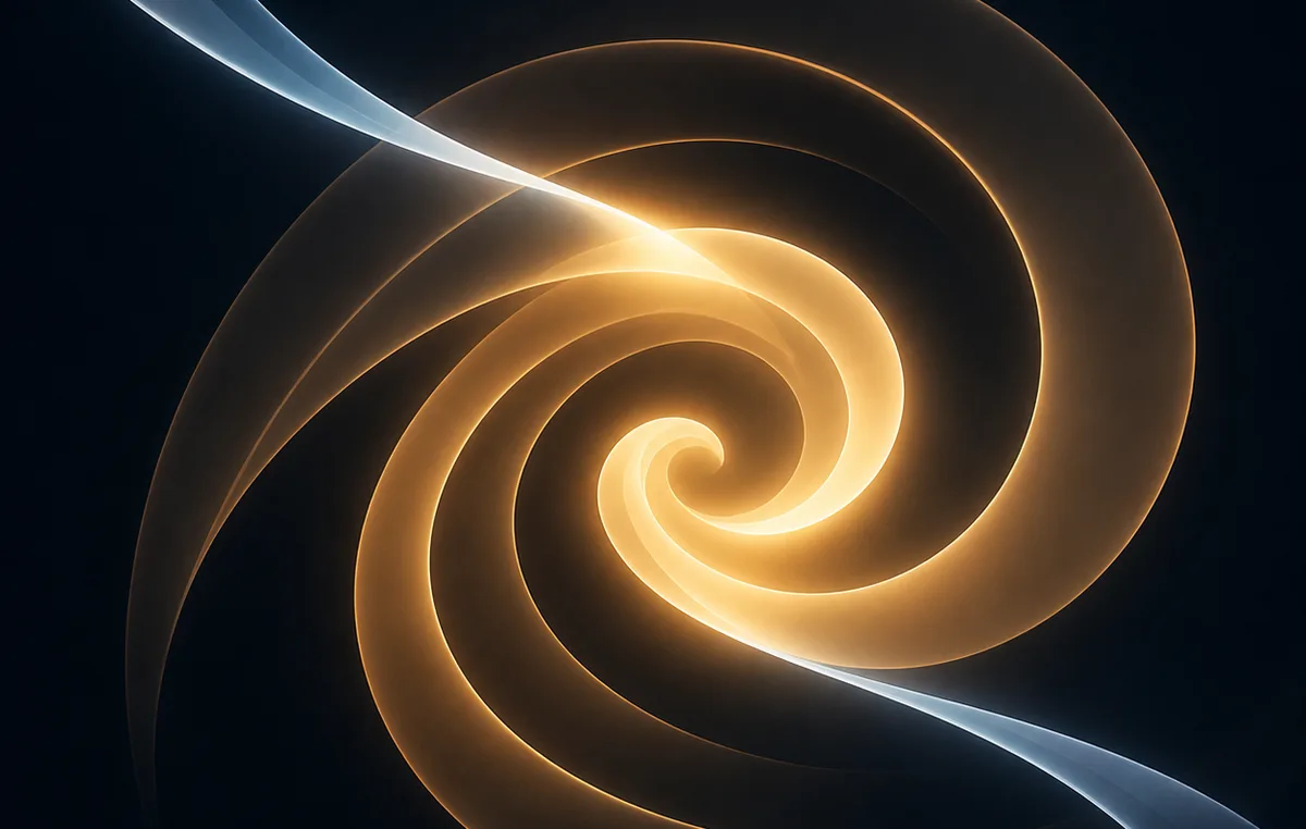 Abstract render: a warm golden spiral coiling inward on near-black, crossed by a pale blue ribbon of light.