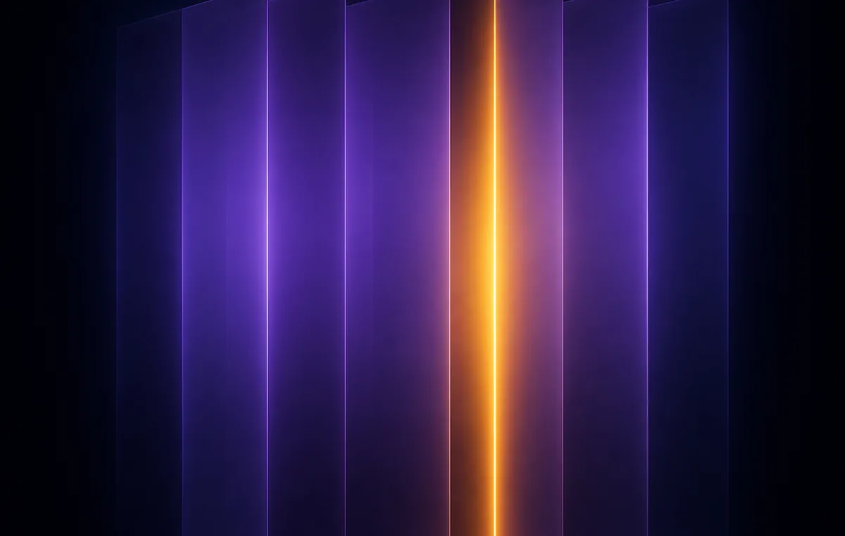 Abstract render: a row of translucent violet panels seen edge-on, with one panel lit amber from within.