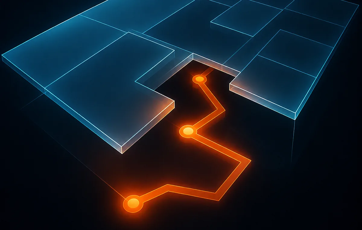Abstract render: a pale blue floorplan of rectangular panels, with a glowing orange path routing beneath and around them rather than across.