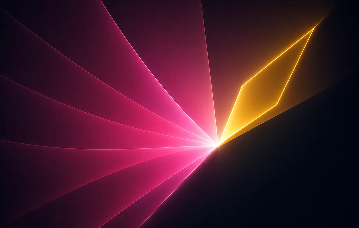 Abstract render: a fan of pink rays converging at a bright point, with a single orange diamond lit to the right.
