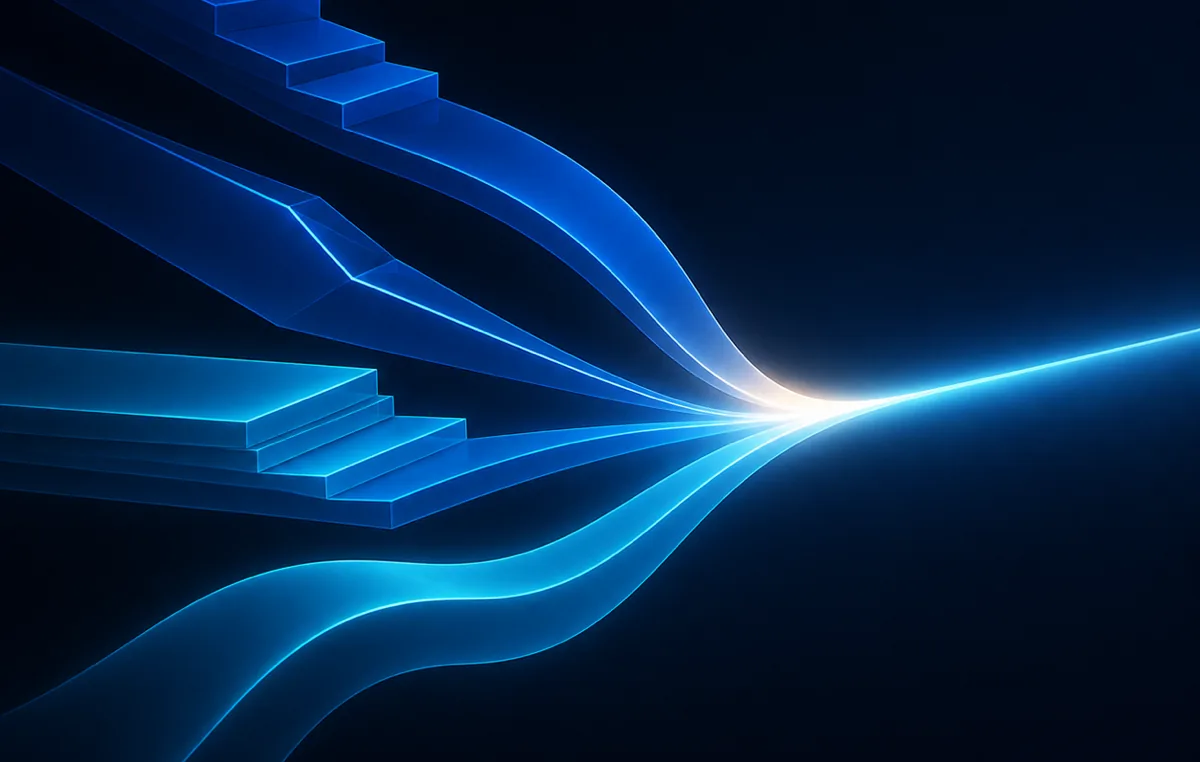 Abstract render: four blue stepped ramps of differing heights curving into a single bright horizontal line.