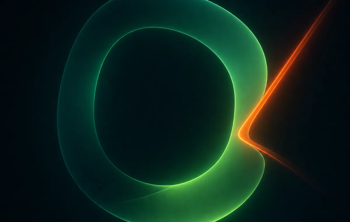 Abstract render: a soft green torus on near-black, with a single orange ray deflecting off its outer edge.