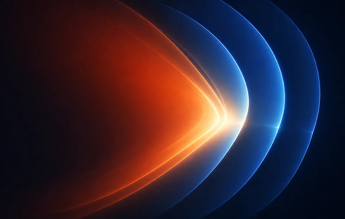 Abstract render: a warm orange lobe meeting a set of cool blue arcs, the two converging at a single bright point.
